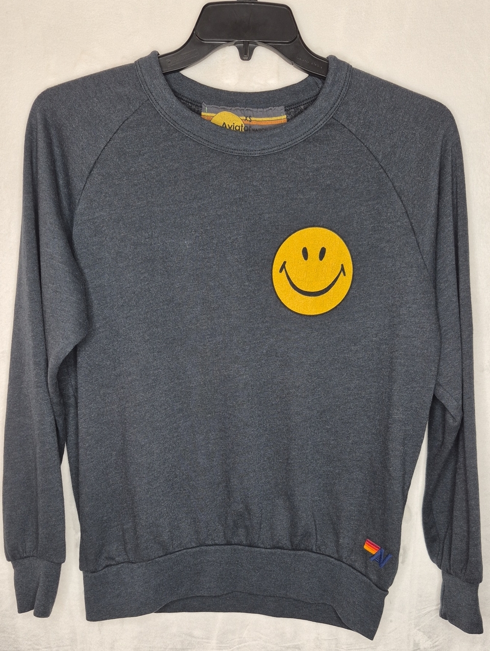 Aviator Nation Heather Gray Sweatshirt Yellow Smiley Face XS